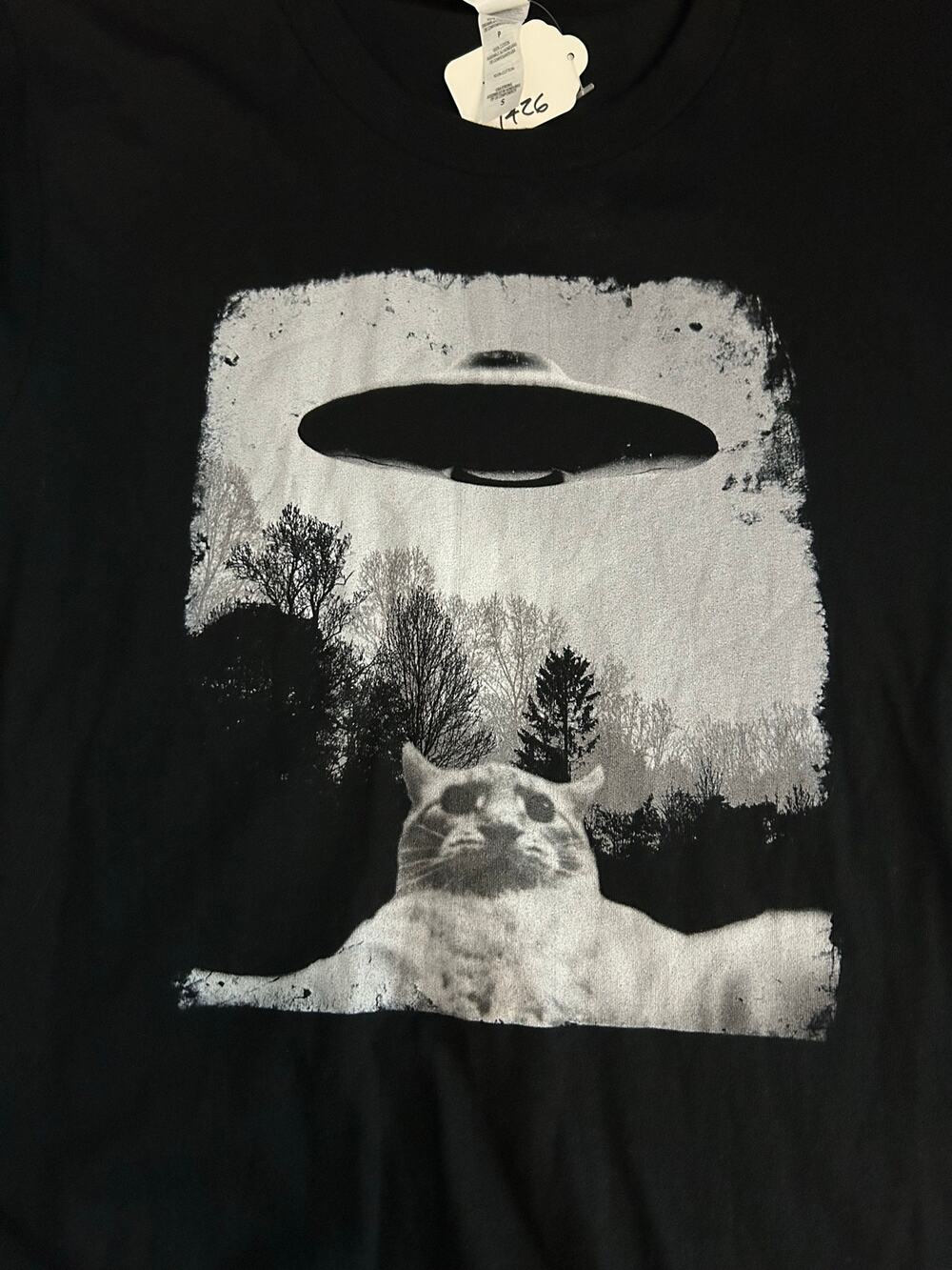 CANVAS Cat Alien Abduction Theme Black Short Sleeve Cotton Graphic Tee Size S